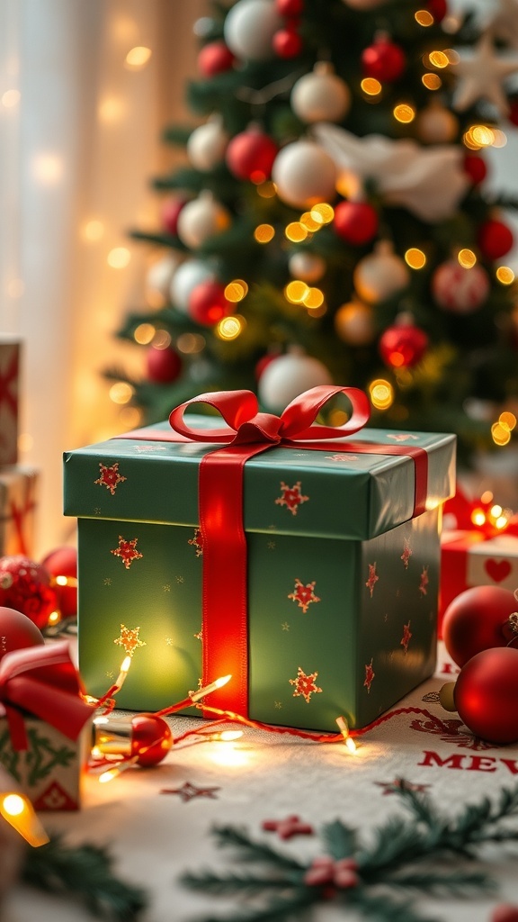 A wrapped Christmas gift box with a red ribbon on a holiday-themed table with decorations.